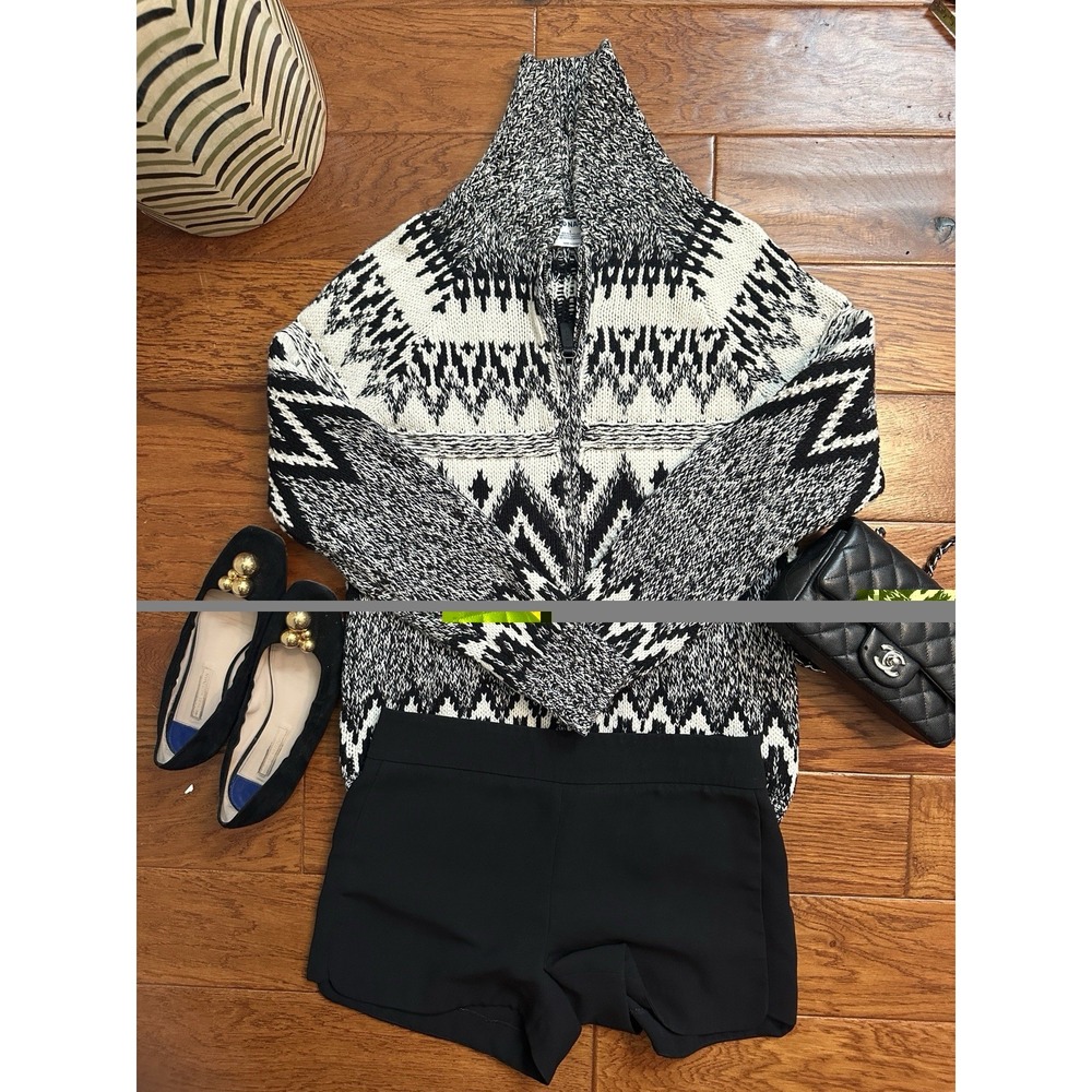 Old Navy Womens Small Fair Isle Zip Sweater Chunky Knit Ski Black White